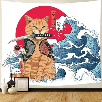 Samurai Cat Tapiserie Ocean Val Agățat De Perete Pictura Murala Pentru Dormitor Decor Japonez