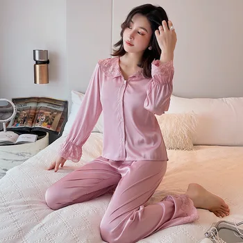 Satin Rever Pijama Set Casual Femei 2 BUC Sleepwear Dantela Pachwork Camasa si Pantaloni de Pijama Toamna Lounge Poarte îmbrăcăminte de noapte Haine de Acasă