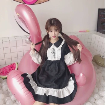Servitoare Japonez Cosplay Rochie Kawaii Fata Negru Clasic Maid Dress Anime Lolita Din Dantela Arc Manșon De Puf Op Rochie Gothic Lolita