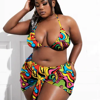 Sexy 3 Piece Set Mare Dimensiune Bikini Set Ceașcă Mare De Costume De Baie Femei Halter Africane Costum De Baie Pe Plaja Plus Dimensiune Acoperi Costume De Baie