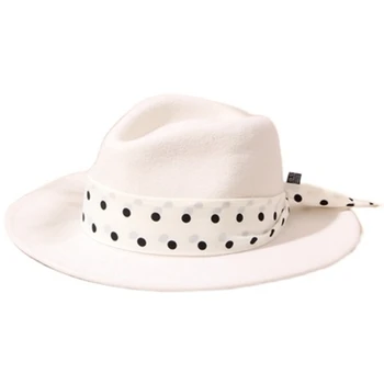 Simplu, clasic alb pur lână pălărie de lână femei polka-dot plat cu boruri largi pălărie fedora toamna și iarna moda pălărie panama