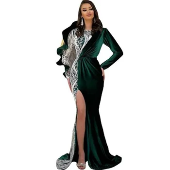 Sirena verde de Catifea de Bal rochii de seara 2022 Aplicatii de Dantela lungime Mâneci Formale Fantă Laterală Femei rochie de bal