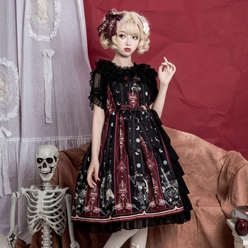 Spinul negru a crescut jsk bretele palat Gotic dulce printesa lolita rochie vintage falbala talie mare de imprimare rochie victoriană set