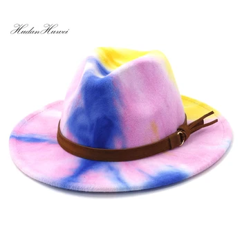 Stil britanic Cravată-vopsite Lână Jazz Pălărie Panama Plat Margine Largă Nou la Modă Capac en-Gros 2021 Bumbac Unisex Pălărie de Top