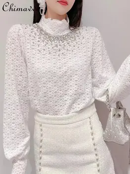 Stil francez Dulce Simplu Solid Dantela Pulover Tricou Femei Toamna anului Nou Stil coreean Zână Elegant Stras Top de Slăbire Tees