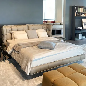 Stofa din piele pat mobilier Italian dublu dormitor matrimonial pat de nuntă puf de gâscă umplute moale-ambalate pat mare