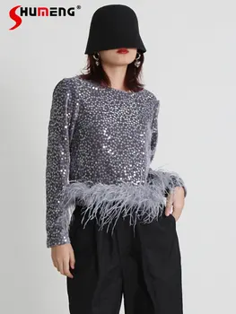 Streetwear Doamnelor Paiete Tiv Pene Scurte Tricou 2022 Toamna anului Nou Elegante Femei O Gatului Maneca Lunga Trunchiate Topuri si Bluze