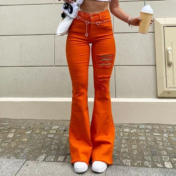 Streetwear Femei Elastice Blugi cu Talie Înaltă Rupt Casual Flare Pantaloni din Denim Vara Harajuku Gol Afară coreean 90 Pantaloni