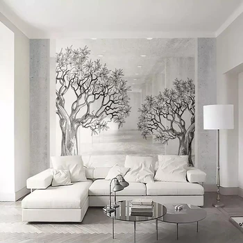 Tapet decorativ 3d spațiu schiță alb-negru linie de arbore de fundal TV de perete