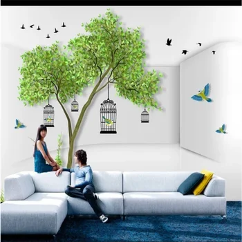 Tapet personalizat pictura perete pânză 3d copac mare colivie de păsări de trei-dimensional de fundal de perete pictura Interioara