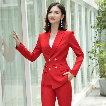 Temperament de înaltă calitate tesatura profesionale pentru femei pantaloni costum Nou Slim Lady Red Blazer Jacheta Haina pantaloni Casual, de Două piese