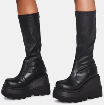 Toamna Doamnelor Cizme Super Toc Negru din Piele PU cu Fermoar Platforma de Cusut de sex Feminin Pantofi Pene la Jumătatea Vițel Cizme