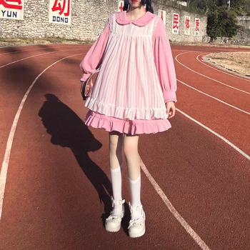 Toamna Epocă Kawaii Baby Doll Din Două Piese, Vesta, Camasa Rochie Drăguț Japoneză Moale Fata Peter Pan Guler Rochie Cu Maneci Lungi Pentru Femei