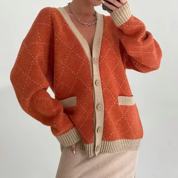 Toamna femei de Moda Noua Culoare de Contrast V-neck Temperament Nasturii Cardigan cu mâneci Lungi de Lână Cald Jacheta Femei 2021