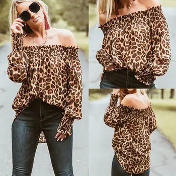 Toamna Femei Leopard De Pe Umăr Topuri De Moda Pulover Maneca Lunga Bluza Casual Ladies Liber Slash Gât Bluza