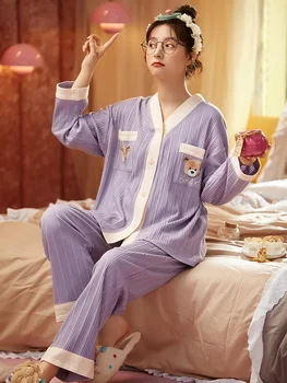 Toamna Iarna Femei Bumbac Pijama Drăguț Violet Pijamale pentru Femei V-Neck Haine de Acasă PJ 2 BUC Negru de Bumbac Pijama Femme