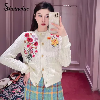 Toamna Iarna Haine De Lux Pentru Femei 2022 Vintage Elegant Broderii Florale Pulover Supradimensionat Femme Bej Cardigane Tricotate