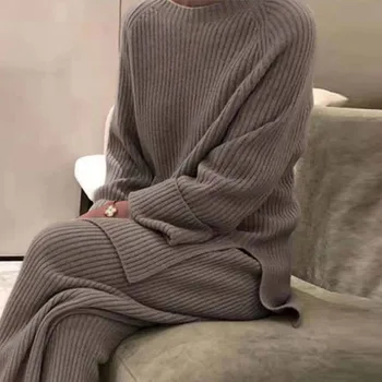Toamna Iarna Moale Coaste Tricot Homewear Costume Femei Pe Gât Rotund Pulover De Topuri + Pantaloni De Pijama Set Femeie Solidă Două Piese Utilaje