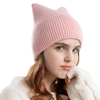 Toamna si Iarna Femei Tricotate Pălărie Drăguț Urechi de Pisică de Culoare Solidă Artificiale Păr de Iepure Beanie Marginea Ondulată de zi cu Zi Îngroșat Chelioși