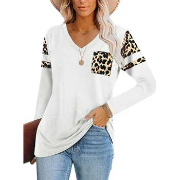Toamna Și Iarna Femei Streetwear tricou V-neck Pulover Vrac Împletit Leopard Chic T-shirt Qn*
