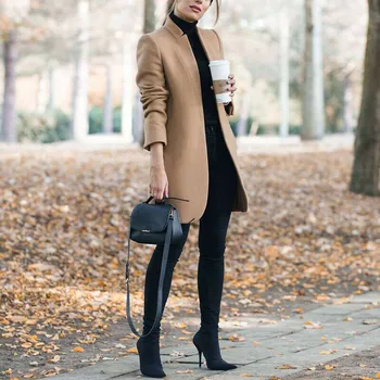 Toamna și Iarna Nou Stil Maneca Lunga Modă de Culoare Solidă Guler de Stand Casual Confortabil Haină de Lână Femei