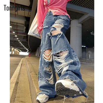 Tonngirls Prietenul Rupt Blugi Femei Gaura Liber Largi Picior Pantaloni Cu Talie Înaltă Hip-Hop-Coreean Colector Pantaloni Streetwear Plus Dimensiune