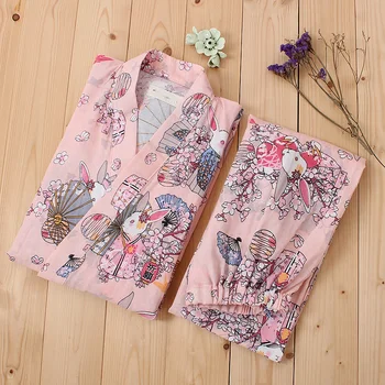 Tradiția japoneză Stil Iepure Dorința de Imprimare Pijama Set de Pantaloni pentru Femei Somn & Lounge Kimono Yukata Halat de baie Sudoare de Aburi Purta