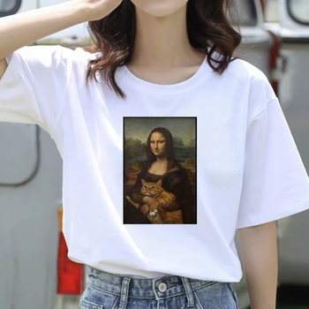 Tricou Femei de Moda Harajuku Amuzant Mona Lisa Imprimat cu Maneci Scurte T-shirt Alb, Potrivit pentru Toate Anotimpurile Tricouri