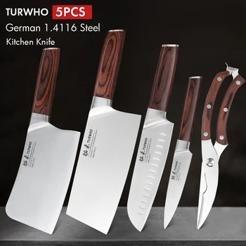 TURWHO 5 Piese germane de Inalta Calitate, din Otel Inoxidabil 1.4116 Bucătărie Japoneză Chef Set de Cuțit și Foarfece cu Pakka Mâner