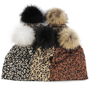 Unic De Femei Leopard De Imprimare Pentru Adulți Căciulă Raton Real Pompom Blană Pălărie Toamna Iarna Pălărie Cald Căciuli Cap Pentru Femeie