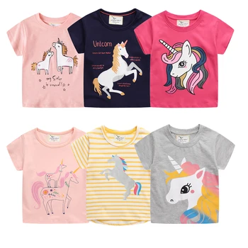 Unicorn de Imprimare T-Shirt Haine pentru Fete 2021 Primavara-Vara Nou Stil Maneca Scurta din Bumbac Sărituri Metri Copii Costum