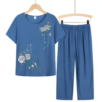 Vara Femeile Homewear Stabilit Maneci Scurte Florale de Imprimare T-shirt, Pantaloni Largi Set de Doua Bucati Tinuta pentru Femeile de varsta Mijlocie de Îmbrăcăminte
