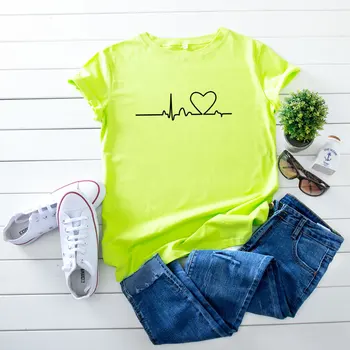 Vara Neon Verde de Bumbac Femei Casual T-shirt Doamnelor Modă Scrisoare de Imprimare Inima Gât Rotund Maneca Scurta Casual Grafic Topuri
