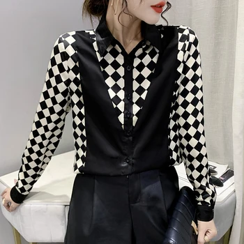 Vara Noi de Bluze pentru Femei Carouri Tricou Polo cu Maneca Lunga de Sus Despicare Satin Imprimat Casual Fashion Lady Haine Largi Movafag