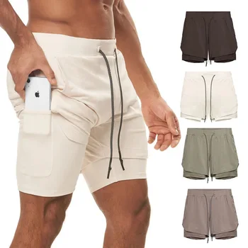 Vara nou sport pantaloni scurți bărbați dublu strat de fitness rulează respirabil culoare solidă cinci puncte pantaloni M-5XL