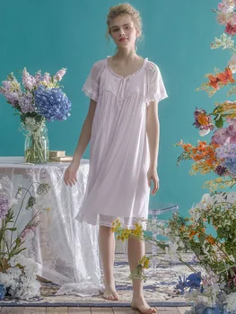 Vara Tifon Modal Epocă Pijamale Elegante, Feminine Printesa Cu Maneci Scurte Dantelă Albă Lungă Cămăși De Noapte Liber Regal Îmbrăcăminte De Noapte