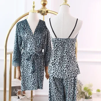 Velur Leopard PIJAMALE Lounge Purta Pijamale Femei 2021 Noi 3 Buc Set de Pijama Casual îmbrăcăminte de noapte Cu Dantelă Kimono-Halat de baie Rochie