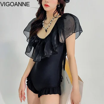 VigoAnne Negru Maneca Scurta, Costume de baie Femei 2022 Push-UP Plasă de Punctul O singură Bucată de costume de Baie coreean Slimfi Monokini de Vară Costum de Baie