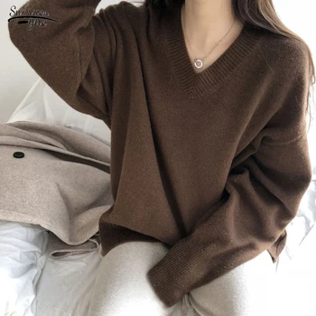 Vintage 2021 Toamna și Iarna Moda V-gât pulover Pulover Femei coreene Vrac Solid Pulovere Tricotate Femei Trage Femme 18023