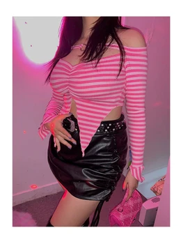 Vintage Y2K Sexy Roz Tricou cu Dungi de Pe Umăr 20 de ani Egirl Estetice de Bază Corset cu Maneci Lungi Halter Top Grunge Tricouri Slab
