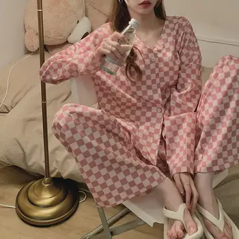 XEJ Toamna Pijamale pentru Femei Haine coreene Acasă Costum pentru Femei Roz Tablă de șah Noapte Pijamale Poarte Haine de Acasă pentru Femei