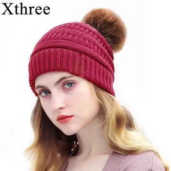 Xthree Acrilice Pălărie cu captuseala tricot pălărie beanie cap cu faux blana pom pom hat pălării de iarnă pentru femei pălărie pentru fata de iarna capac