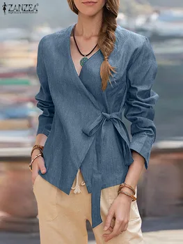 ZANZEA Dantelă Topuri de Moda Casual Solid Blusas V Gatului Maneca Lunga Tricou Toamna Femei Bluza Eleganta de Lucru OL Combinezon Supradimensionate