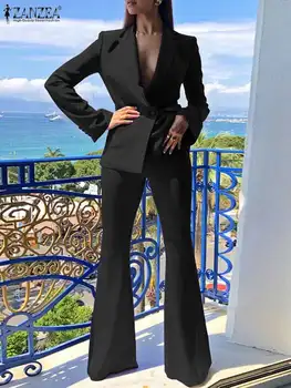 ZANZEA Moda Solid 2 BUC Blazer Seturi de Femei cu Maneci Lungi Sacou și Talie Înaltă Flare Pantaloni Lungi Office Lady 2022 Potrivire Costume