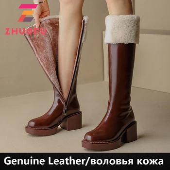 ZHUOFU Femeie 2023 Cald Cizme de Iarna Indesata Tocuri din Piele pentru Femei Cizme Femei cu Fermoar Platforma Cizme Genunchi Ridicat Pantofi