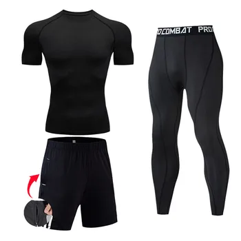 Îmbrăcăminte pentru bărbați 2-3 Pc Trening Scurte T-shirt, pantaloni Scurți, Jambiere costum de Jogging iute uscat Compresie de Fitness Colanti Barbati negru Set