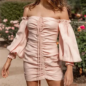 În 2020, cele mai Noi Toamna cu Maneci Lungi Slash Gât Rochii Sexy cutat cordon roz dulce off-the-umăr puff maneca rochie fusta