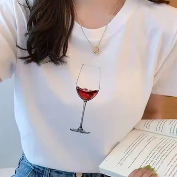 Tricou Alb Topuri Femei, Topuri de Vin de sticlă Imprimate Tricou Femei 90 Graphic T-shirt, O-neck Fata Maneci Scurte Harajuku
